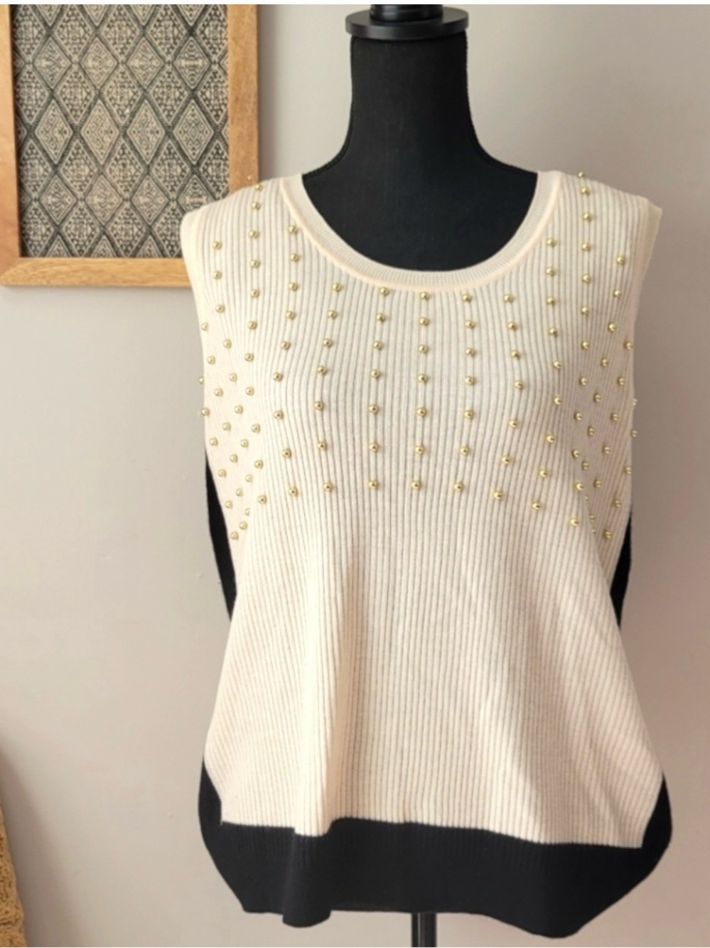 Elie Tahari Ivory Tank Top with Gold Studs and Black Hem